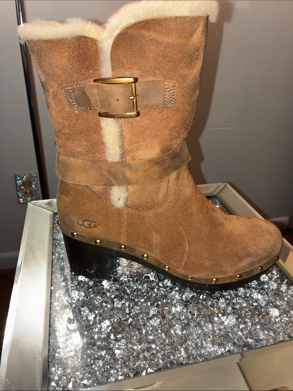 UGG Women's Brown Suede Shearling Cuff Heeled Boot